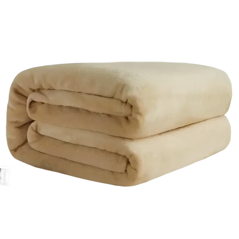Folded beige plush blanket.