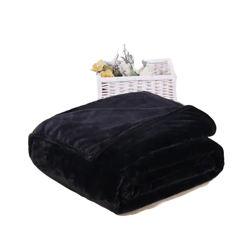 Folded black plush blanket.