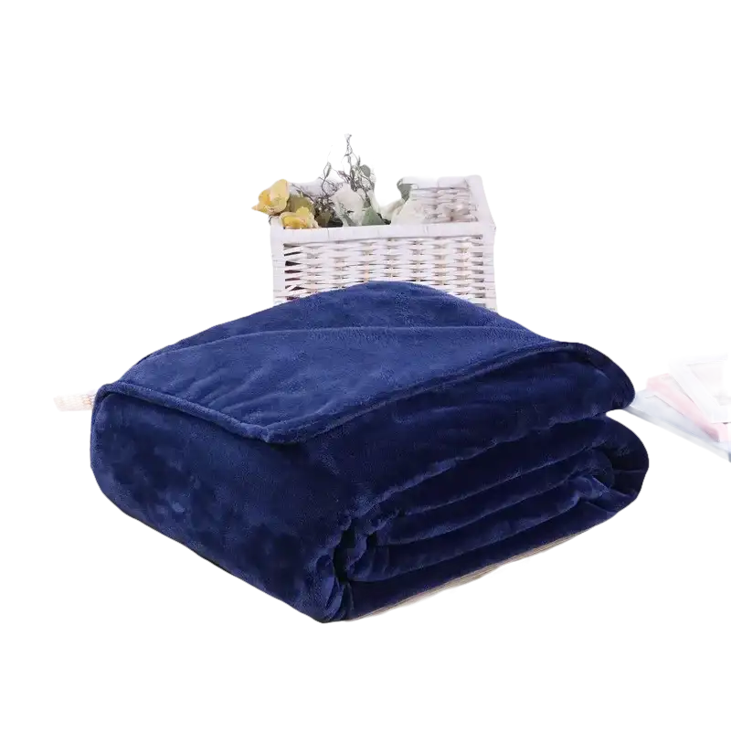 Folded navy blue plush blanket.