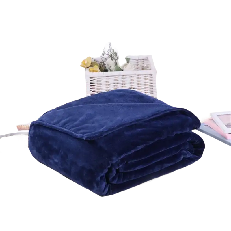 Folded navy blue plush blanket.