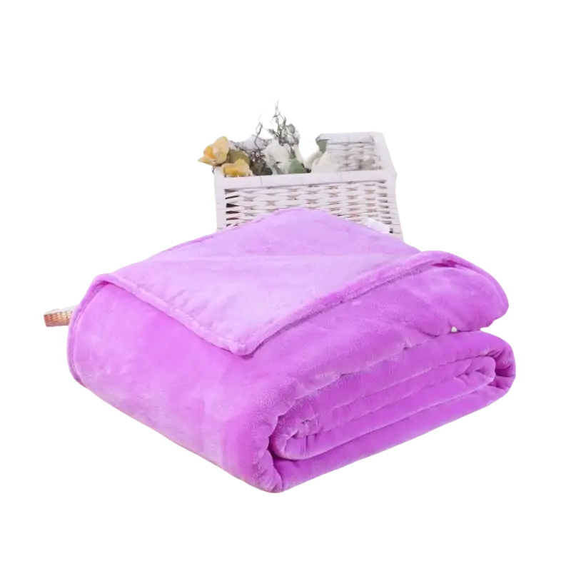 Folded purple plush blanket.