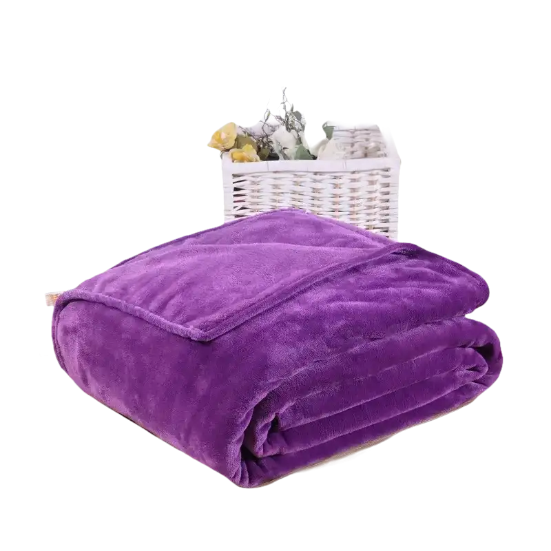 Folded purple plush blanket.