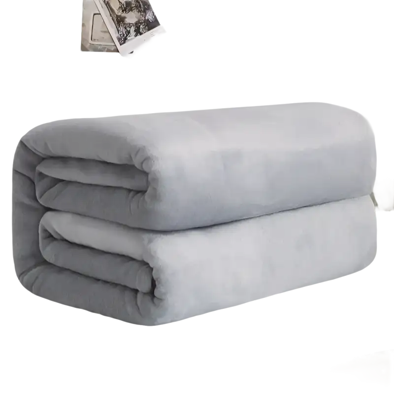 Folded gray plush blanket.