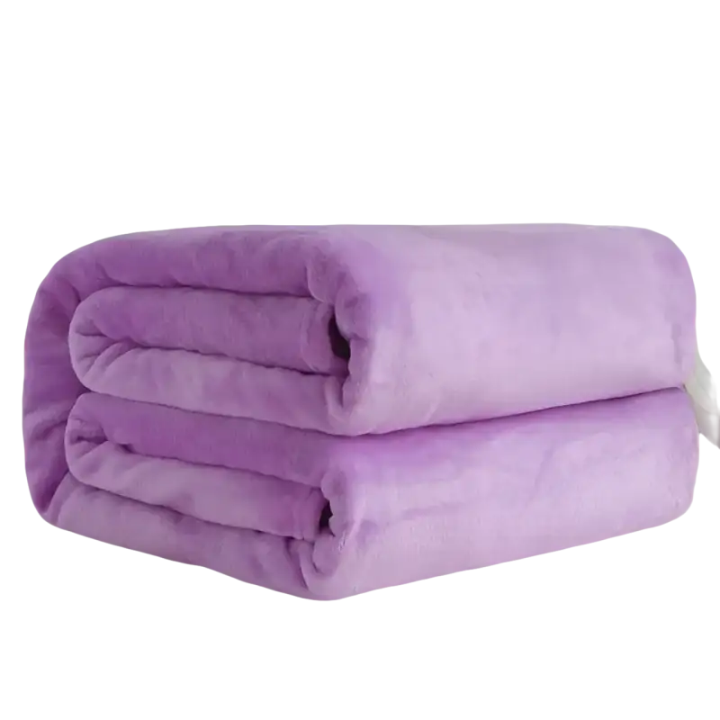 Folded purple plush blanket.