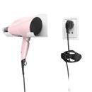 Pink hair dryer with wall mount and cord organizer.