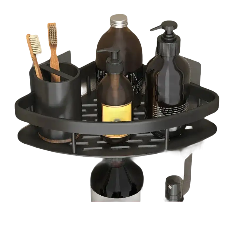Black corner shower caddy with toiletries.