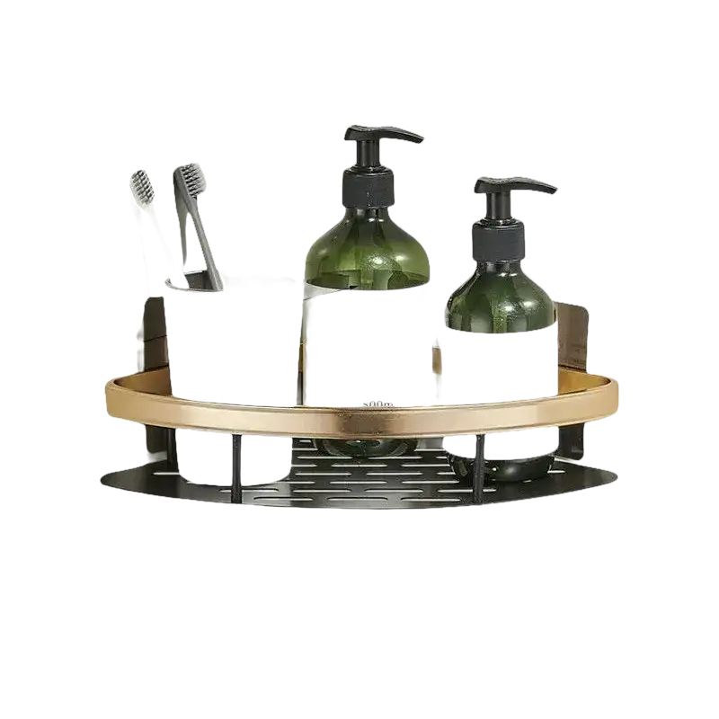 Corner shower shelf with toiletries.