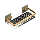 Black and gold metal shower shelf with dimensions.