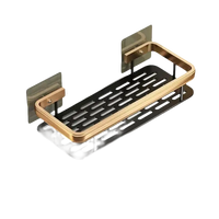 Black and gold metal shower shelf with dimensions.