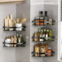 Corner kitchen shelves with various items.