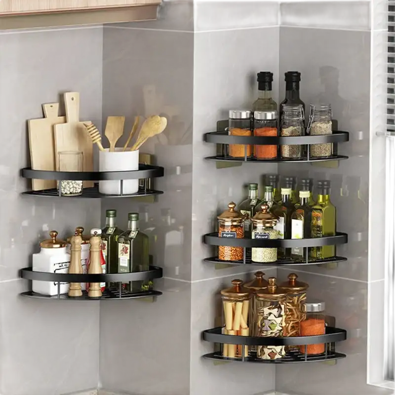 Corner kitchen shelves with various items.