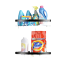 Corner shelves with cleaning supplies.