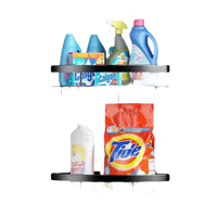 Corner shelves with cleaning supplies.