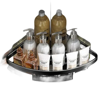Corner shower shelf with toiletries.
