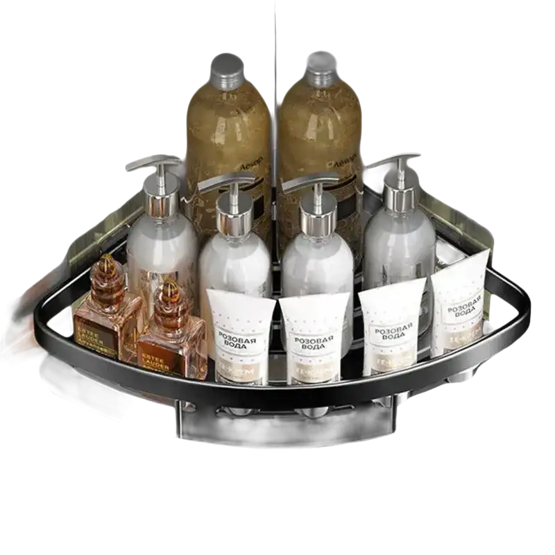 Corner shower shelf with toiletries.