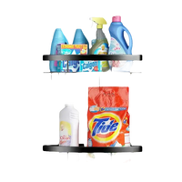 Two corner shelves with cleaning supplies.