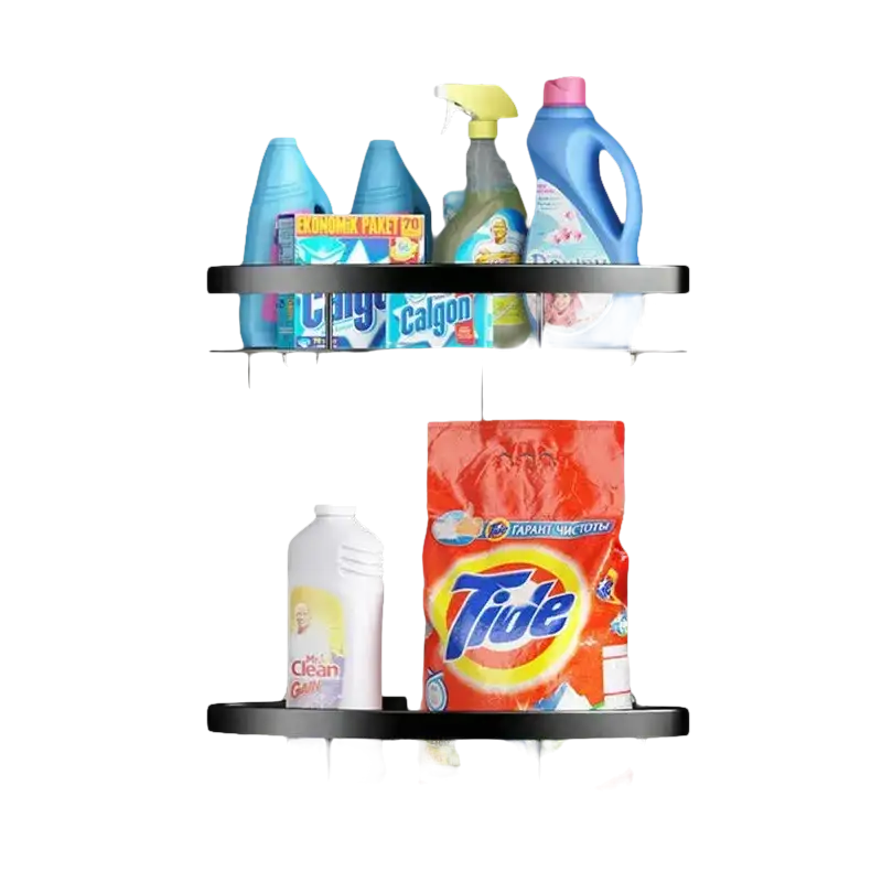 Two corner shelves with cleaning supplies.