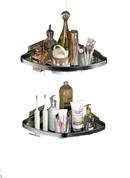 Two-tiered corner bathroom shelves with toiletries.
