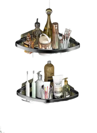 Two-tiered corner bathroom shelves with toiletries.