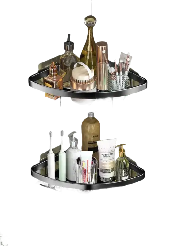 Two-tiered corner bathroom shelves with toiletries.