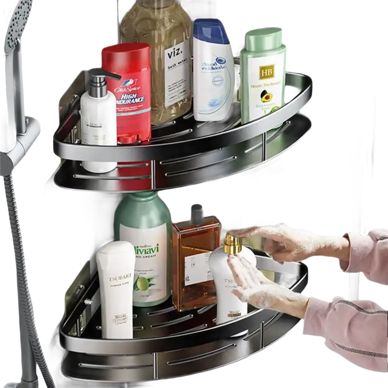 Two-tiered corner shower caddy.