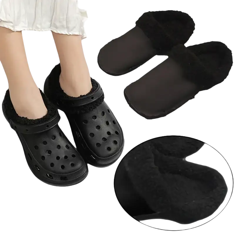 Black, fur-lined clog shoes.