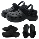 Black fur-lined clogs and slippers.