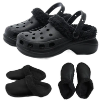 Black fur-lined clogs and slippers.