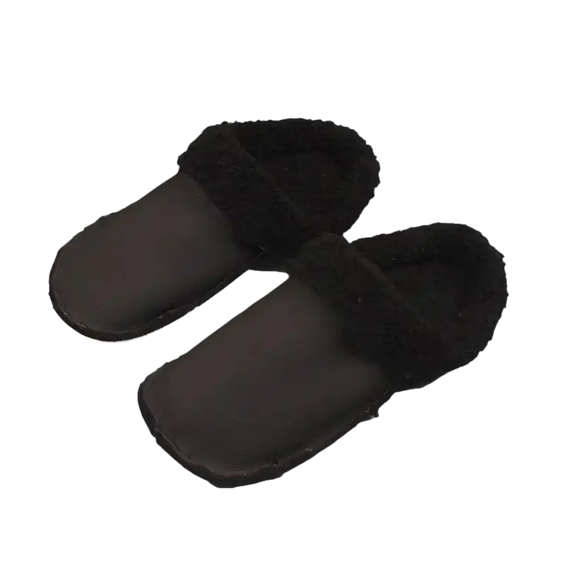Black furry slippers.