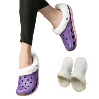 Purple clog slippers with white faux fur lining.