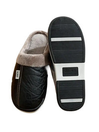 Black faux leather slippers with plush lining.