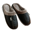 Black and gray plush slippers.