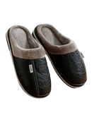 Black indoor slippers with gray lining.