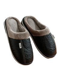 Black indoor slippers with gray lining.