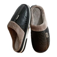 Black leather-look slippers with plush lining.