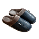 Pair of navy blue, faux-leather slippers with gray faux-fur lining.