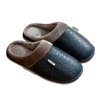 Pair of navy blue, faux-leather slippers with gray faux-fur lining.