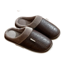 Brown leather-look slippers with gray lining.