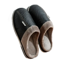 Pair of black leather-look slippers with gray plush lining.