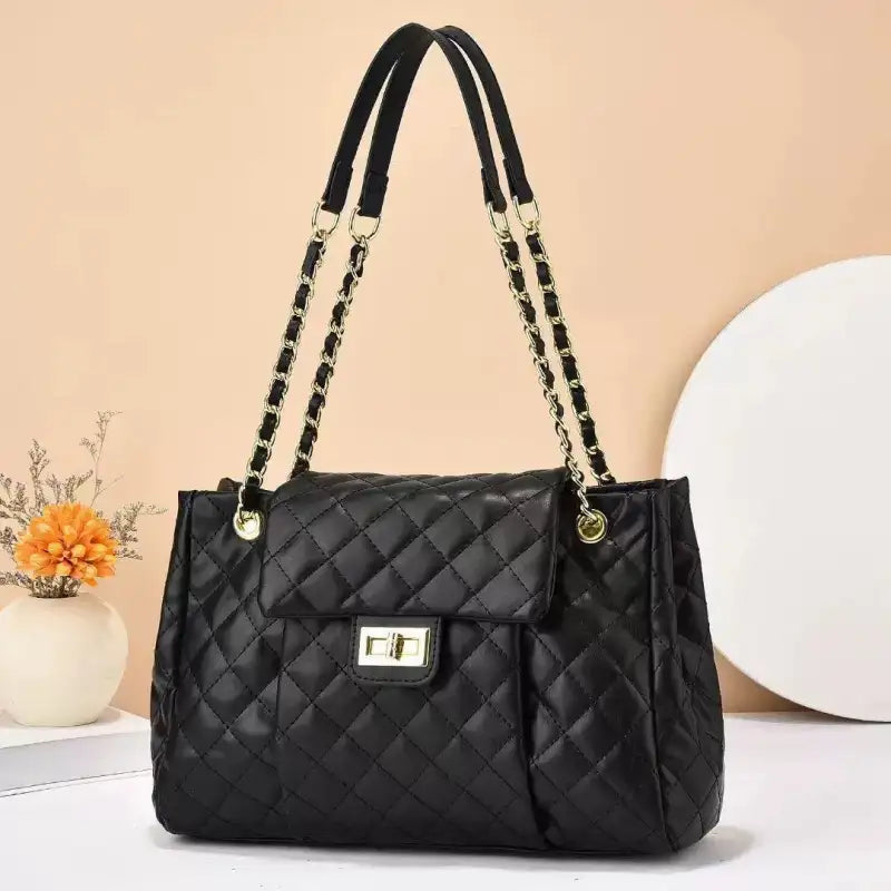 Cream Beige Black Quilted Bag Large Capacity Chain Shoulder