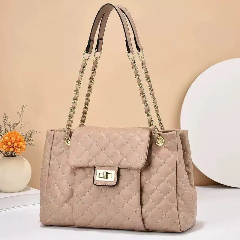 Cream Beige Black Quilted Bag Large Capacity Chain Shoulder