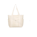 Beige canvas tote bag with dimensions.