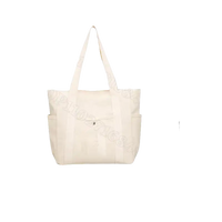 Beige canvas tote bag with dimensions.