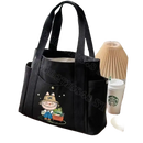 Black canvas tote bag with cartoon.