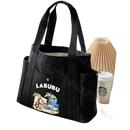 Black canvas tote bag with cartoon graphic.