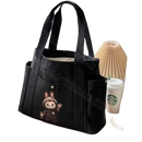 Black canvas tote bag with cartoon bunny.