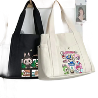 Two canvas tote bags with cartoon graphics.