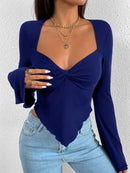 V-neck Flared Sleeves Waist Trimming Knitted Long Sleeve T-shirt - Blue / L
