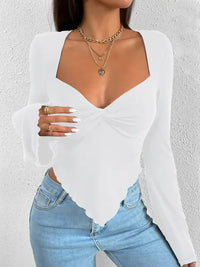 V-neck Flared Sleeves Waist Trimming Knitted Long Sleeve T-shirt - White / L