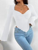 V-neck Flared Sleeves Waist Trimming Knitted Long Sleeve T-shirt